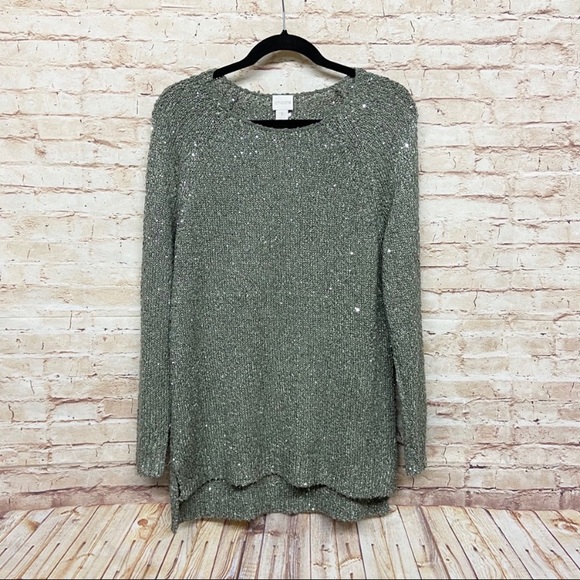 Chicos Womens Sequin Shine Claire Pullover Sweater Size 1 (M) Knit Fatigue Green - Picture 2 of 7